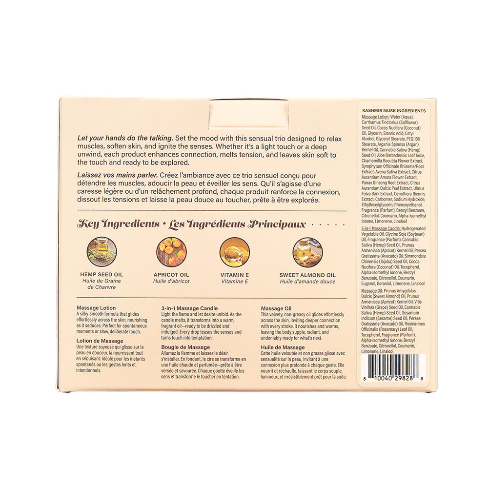 Hemp Seed Tranquility Trio - Kashmir Musk - Kashmir Musk Scented Massage & Caress Kit - 3 Piece Kit