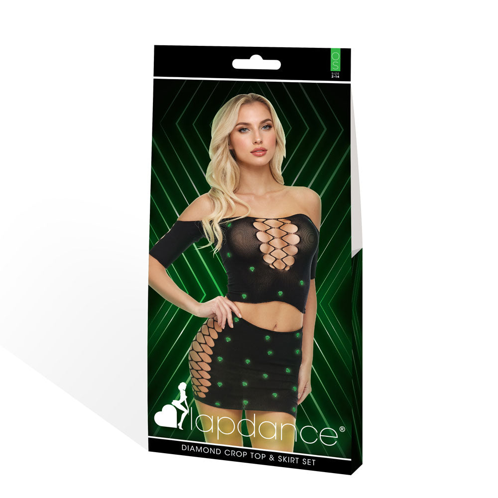 LAPDANCE Diamond Crop Top & Skirt Set - OS - Black with Glow in Dark Pattern - One Size