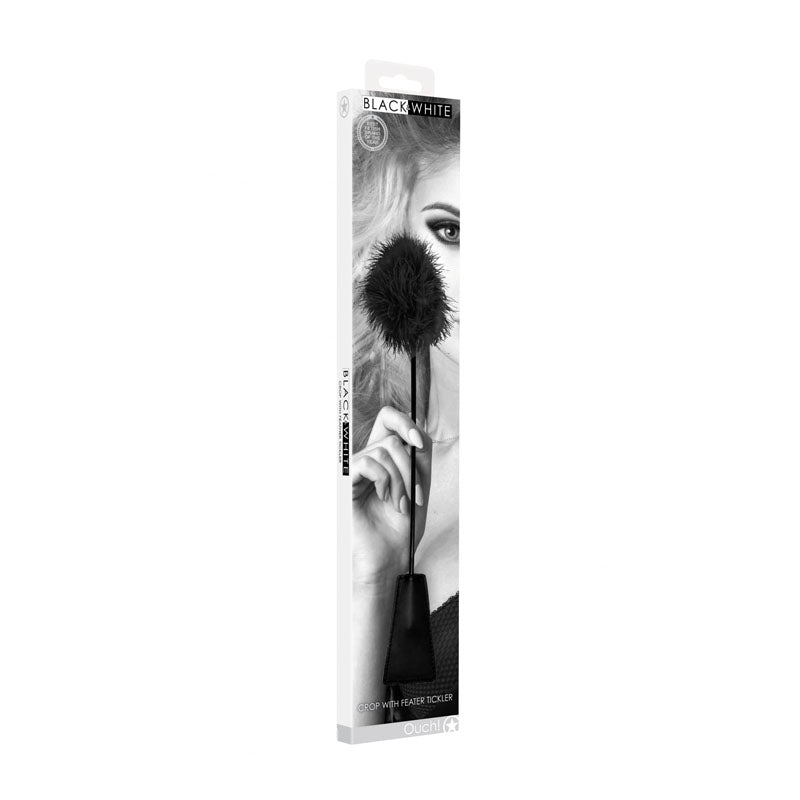 OUCH! Black & White Crop with Feather Tickler - Black 44 cm Feather Crop