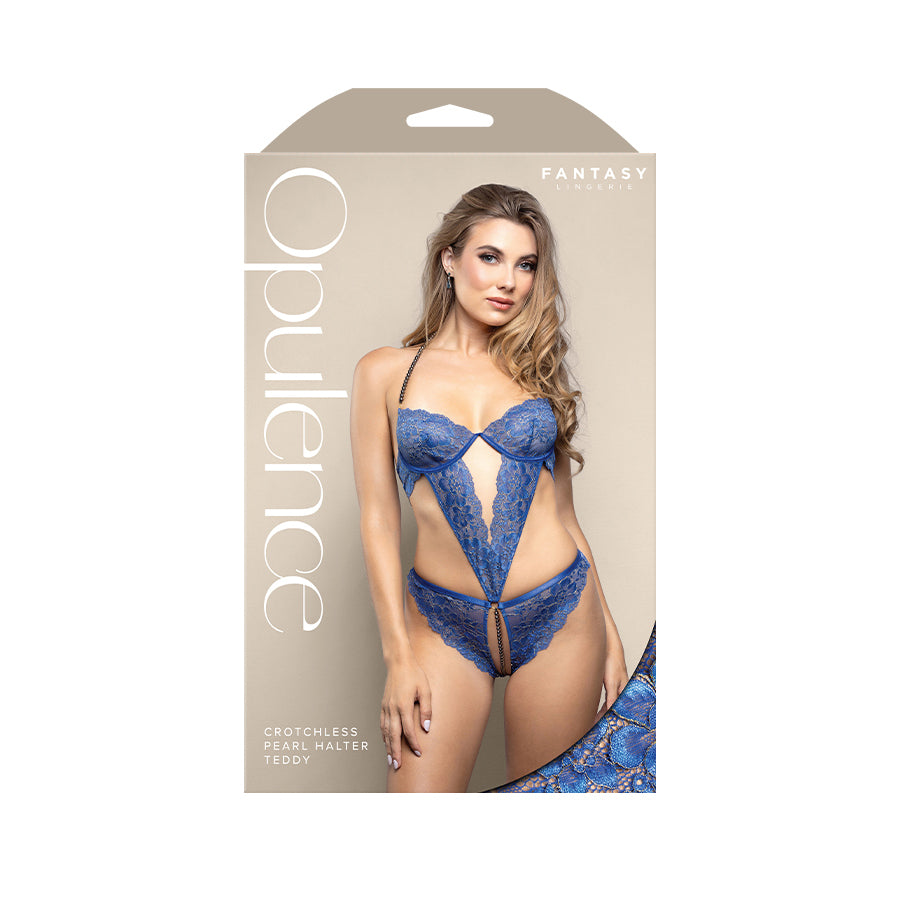 OPULENCE Crotchless Pearl Halter Teddy ML - Royal Blue - M/L Size