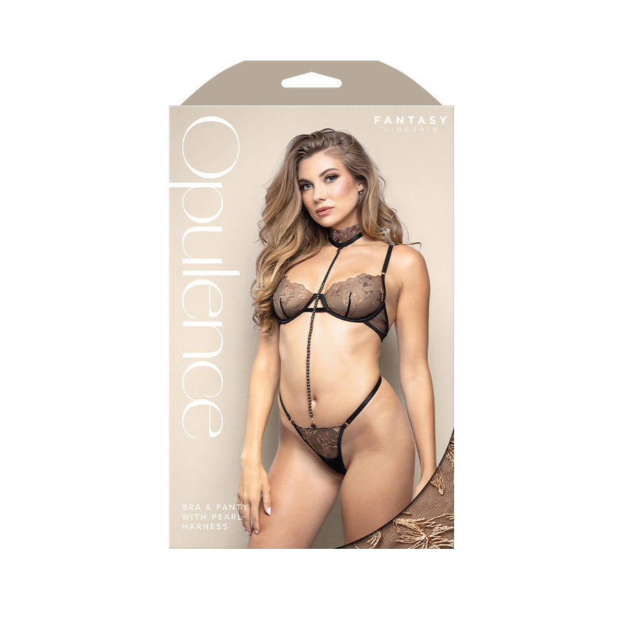 OPULENCE Bra & Panty with Pearl Harness ML - Black - M/L Size
