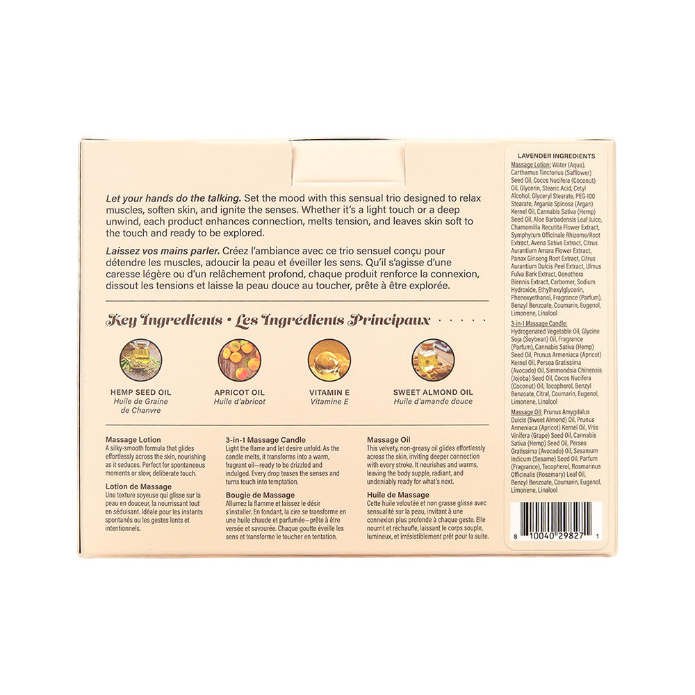 Hemp Seed Tranquility Trio - Lavender - Lavender Scented Massage & Caress Kit - 3 Piece Kit