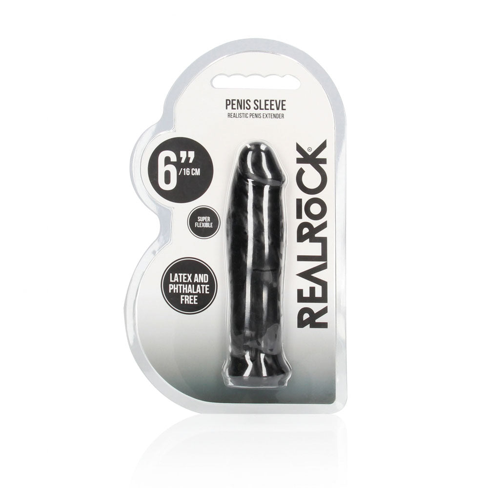 REALROCK 6'' Realistic Penis Sleeve - Black - Black 15.2 cm Penis Extension Sleeve