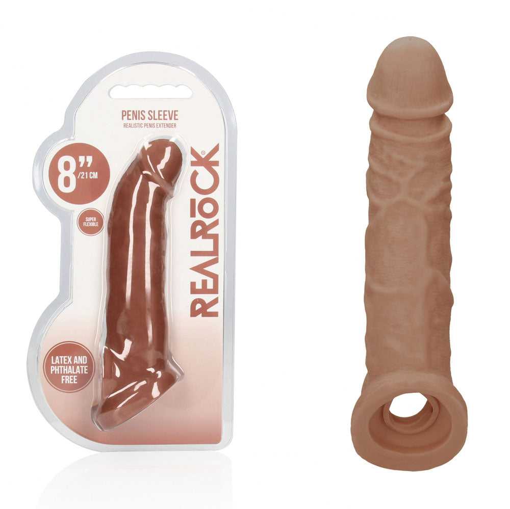REALROCK 8'' Realistic Penis Extender with Rings - Tan - Tan 20.3 cm Penis Extension Sleeve