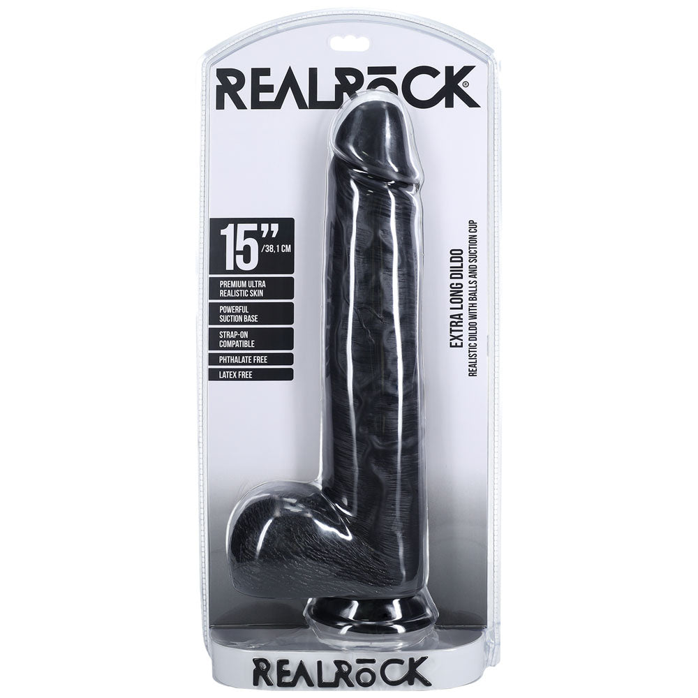 REALROCK 38cm Extra Long Dildo with Balls - Black - Black 38 cm (15'') Extra Long Dong