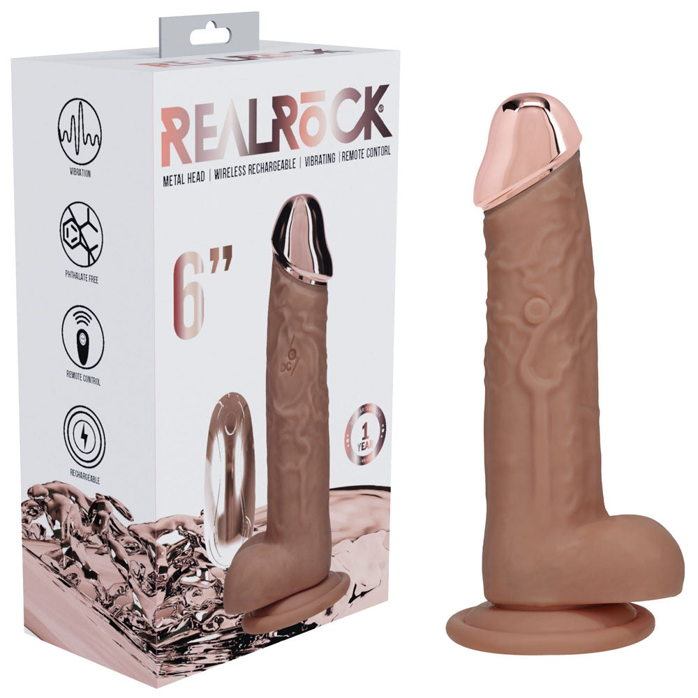 REALROCK Metal Head 6'' Rechargeable Dildo - Tan - Tan 16.2 cm USB Rechargeable Vibrating Dildo with Metal Head and Wireless Remote