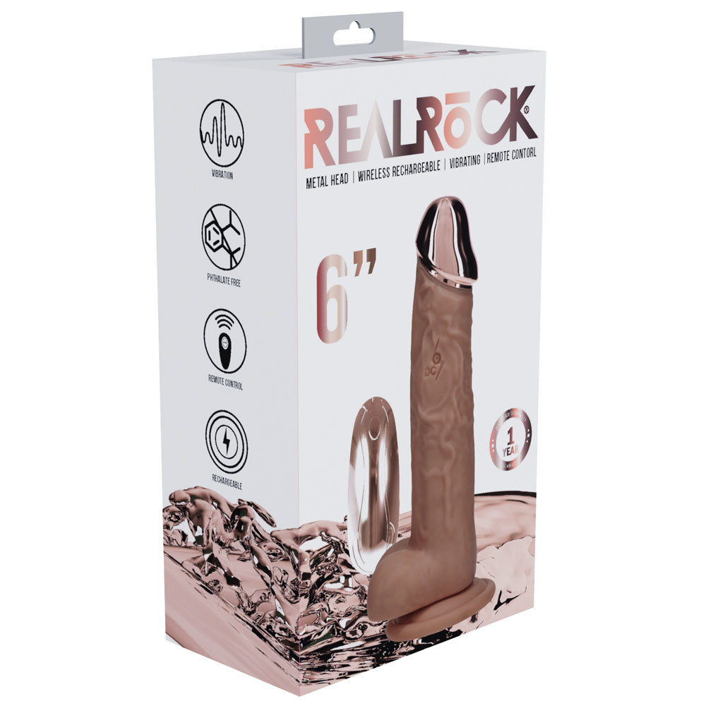 REALROCK Metal Head 6'' Rechargeable Dildo - Tan - Tan 16.2 cm USB Rechargeable Vibrating Dildo with Metal Head and Wireless Remote