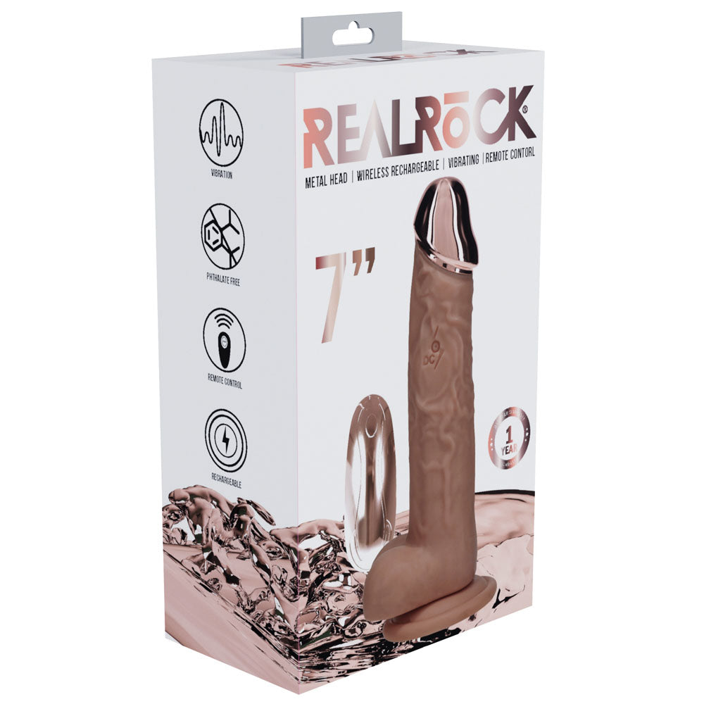 REALROCK Metal Head 7'' Rechargeable Dildo - Tan - Tan 19 cm USB Rechargeable Vibrating Dildo with Metal Head and Wireless Remote
