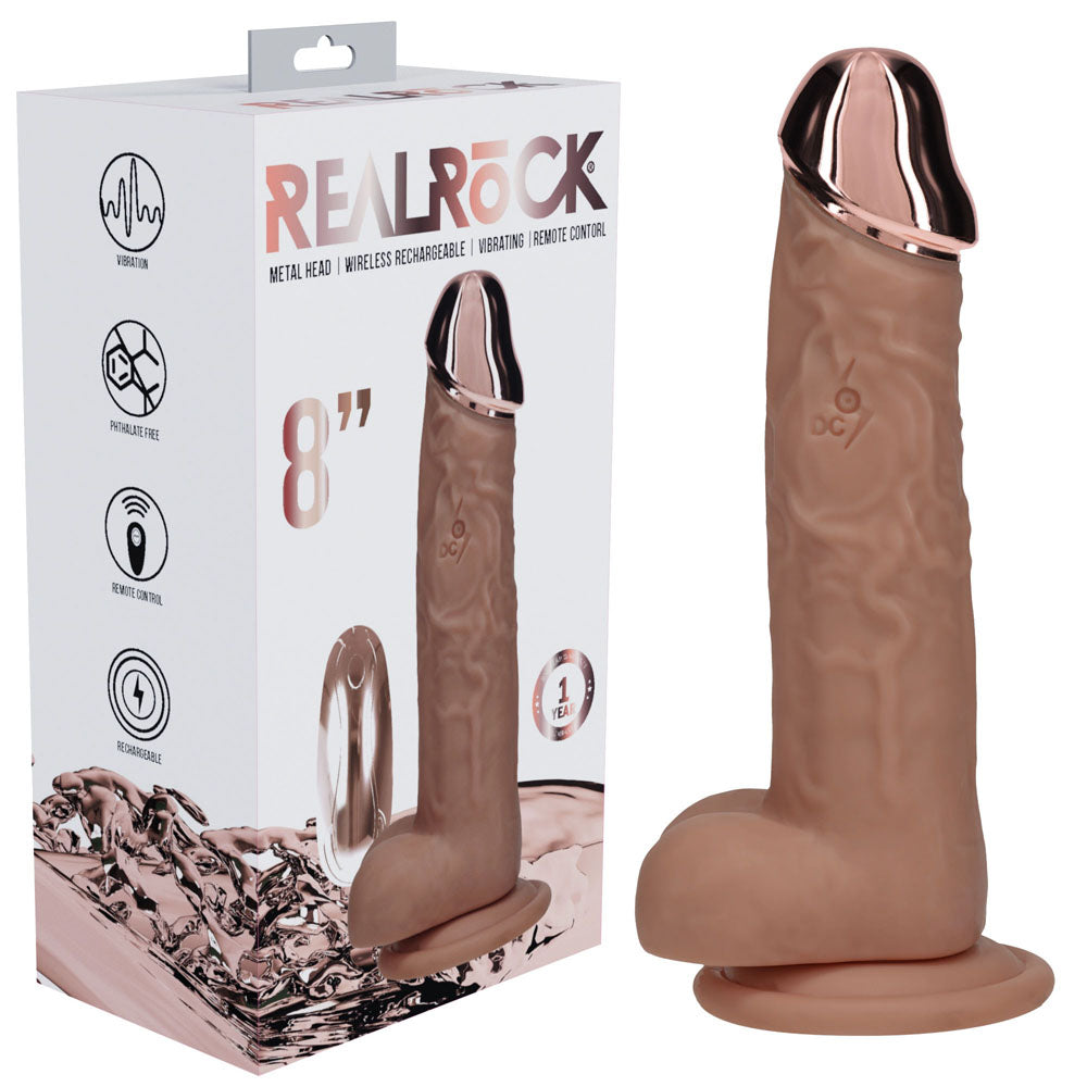 REALROCK Metal Head 8'' Rechargeable Dildo - Tan - Tan 22 cm USB Rechargeable Vibrating Dildo with Metal Head and Wireless Remote