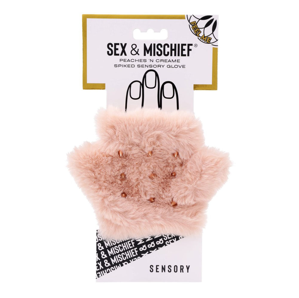 Sex & Mischief Peaches n CreaMe Spiked Sensory Glove - Peach Furry Glove with Metal Spikes