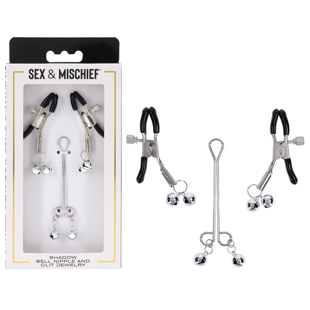 S&M Shadow Bell Nipple and Clit Jewelry - Metal Nipple Clamps and Clitoris Clamp