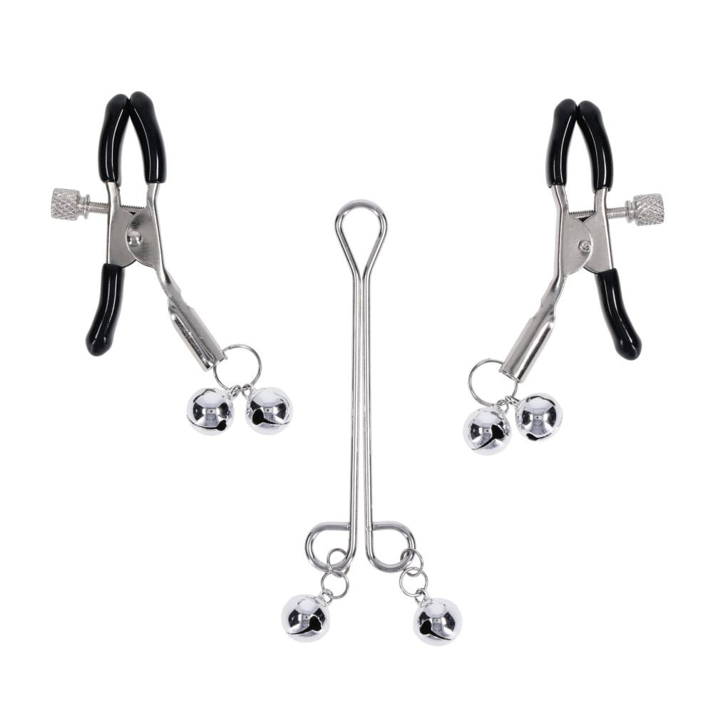 S&M Shadow Bell Nipple and Clit Jewelry - Metal Nipple Clamps and Clitoris Clamp