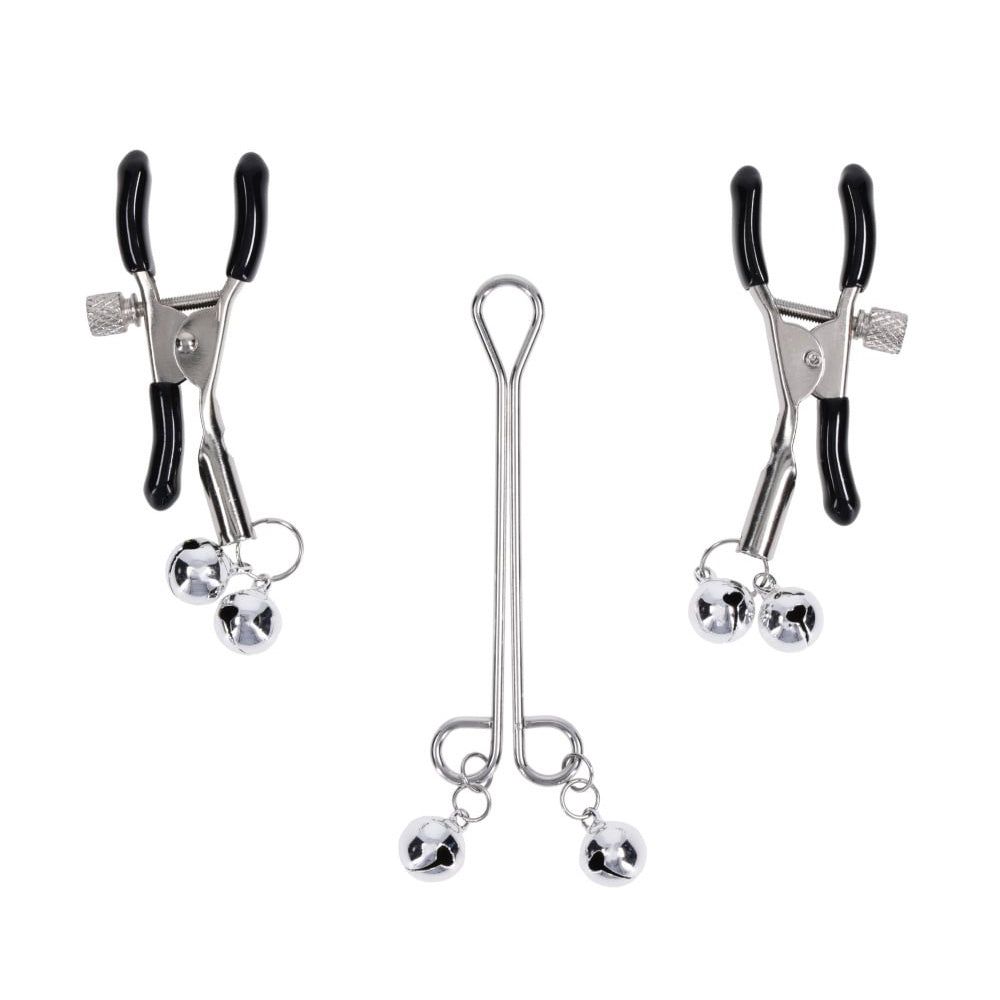 S&M Shadow Bell Nipple and Clit Jewelry - Metal Nipple Clamps and Clitoris Clamp